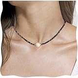 Black Spinel Necklace, Black Necklace for Goth Accessories, Freshwater Pearl Necklace for Women