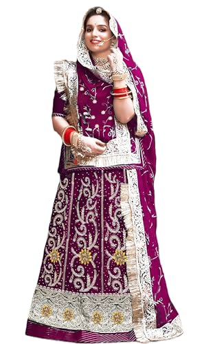 Image of Heavy Embroidery Work Semi Stitched Shimmer Silk Rajputi Poshak For Women Rajasthani Lehenga Choli