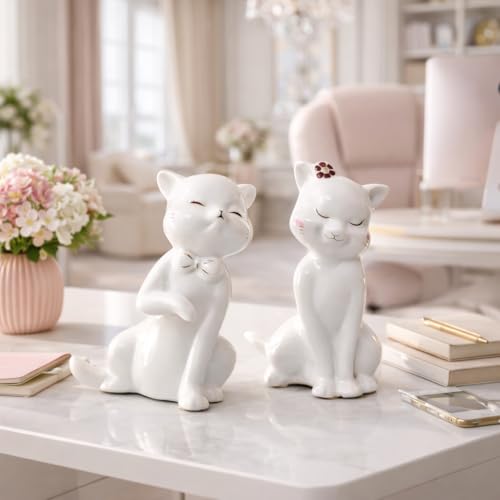 Image of Xtore Charming Ceramic Cat Couple Figurines for Home Decor | Minimalist Cute Showpieces for Living Room, Bedroom, Shelf & Gifting (White, 14 cm, Set of 2)