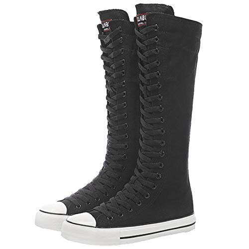 Girl's Women's Knee High Canvas Boots Lace-up Zip Flat Sports Shoes