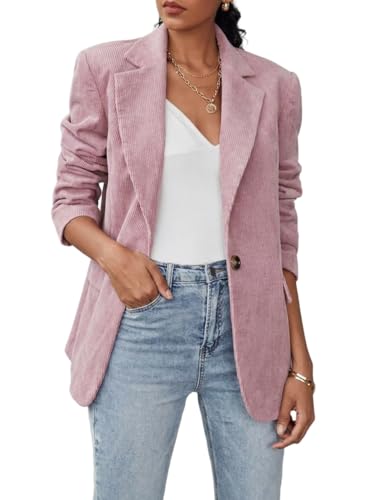 IDEALSANXUN Blazer feminino de veludo cotelê outono inverno casual blazer elegante terno jaquetas, rosa, GG