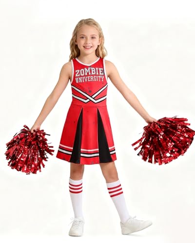 Trsenvrml Zombie Kids Cheerleader Costumes for Girls Halloween Costume Sleeveless Dress with Pom Poms Socks Uniform Outfit (Red, 11-12T)