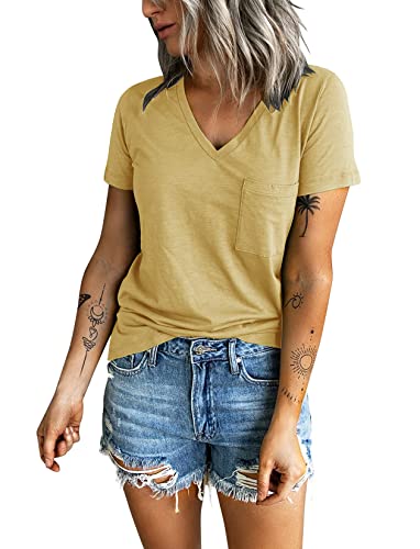 Sunborui Women's Summer Short Sleeve V Neck T Shirts Pocket Solid Loose Casual Tee Tops (Yellow, Large) #TOP2
