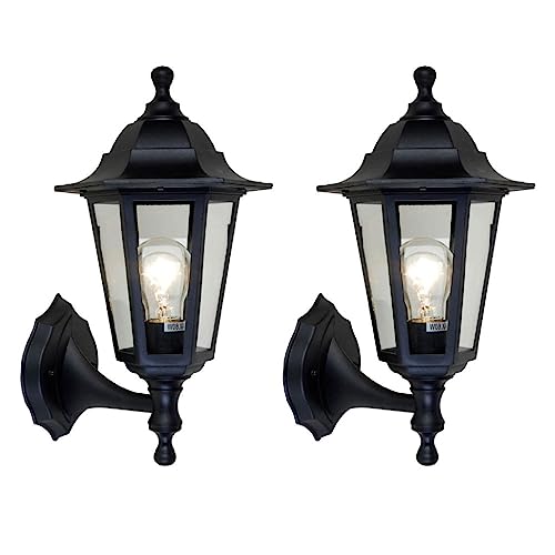 Britalia 2 Pack - Black & Clear Glass Panel Outdoor Vintage Up Coach Lantern Wall Light | IP44 Rated | 36cm Height | 1 x ES E27 Lamp Required | Garden - Patio - Driveway | Polycarbonate Coastal
