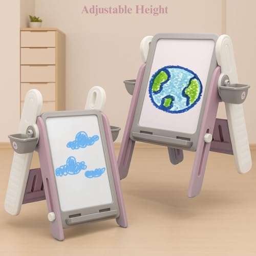 Image of Little Olive 3 in 1 Kids Activity Table and Chair Set with Drawing Board and Easel | Pink Convertible Study Desk for Children | DIY Space Saving Learning Station for Toddlers Ages 3 to 7 Years