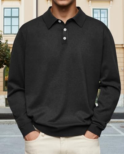Mens Button Polo Sweatshirt Long Sleeve Pullover Lightweight Business Lapel Collared Tops Fall Winter2