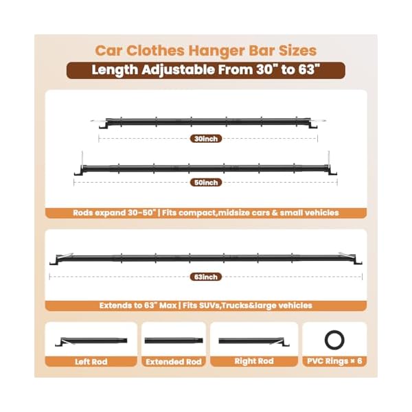 Car Hanging Accessories,Travel Hangers,Telescopic Adjustable 30-63 Inches for Compact & midsize Cars,Automotive,SUVs,Trucks,Black - Image 3