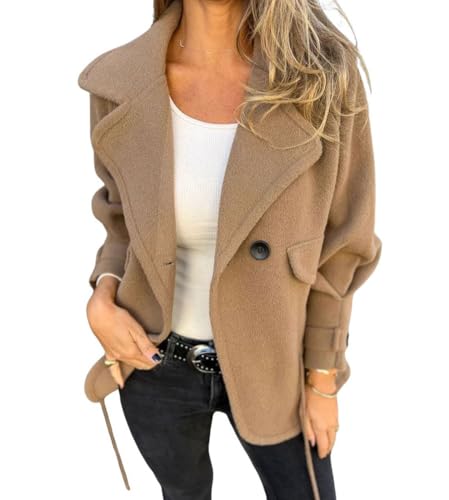 chouyatou Women's Retro Lapel Double Breasted Wool Coat Business Casual Wool Blend Pea Coat Overcoat