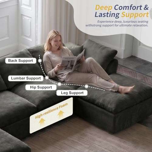 Image of Cloud Couch Sectional for Living Room, Modular U Shaped Boneless Sofa with Chaise, Compressed No Assembly Couch, Deep Seat Chenille Upholstered Convertible Sofa Bed(Jet Black)