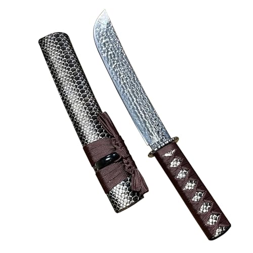 Irai Utaki アウトドアナイフ シースナイフ【武魂】全長約35cm 高級和式ナイフ ダマスカス鋼製 ロープ巻ウッドハンドル ハンティング アウトドア 山仕事 コレクション 木鞘付属