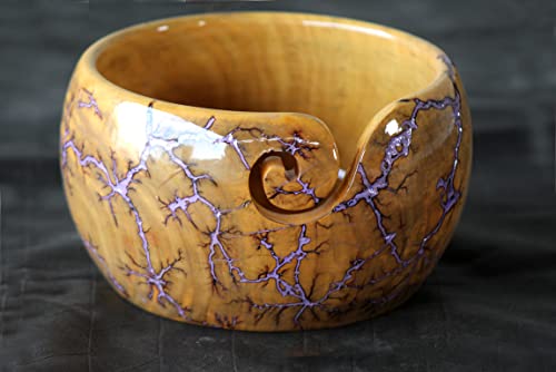 Image of Lichtenberg Figure Yarn Bowl - Handmade Wooden Yarn Bowl for Knitting Yarn Ball Holder - Yarn Bowls with Holes Crochet Bowl Holder - Yarn Storage Bowl 7 inch x 4 inch inches (Purple-A)