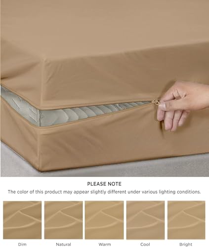 Image of Dreamly Linen - Single Size Mattress Protector Waterproof All 6-Sided Beige Mattress Cover for Single Bed Size with 6 Inch Drop (75x42x6)