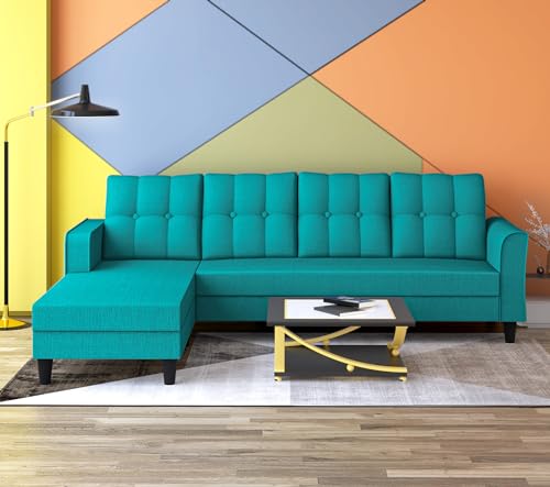 Image of Adorn India Maddox Tufted L Shape 5 Seater Sofa Set LHS (Aqua Blue) (3 Year Warranty)