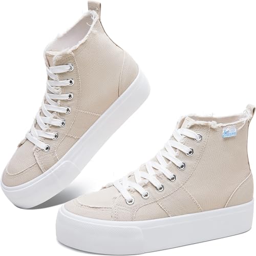 Obtaom High Top Platform Sneakers Women Mid Calf Play Canvas Shoes Washed Platform Skate Skateboard Shoe Casual Canvas Fashion Sneakers(Beige,US7)