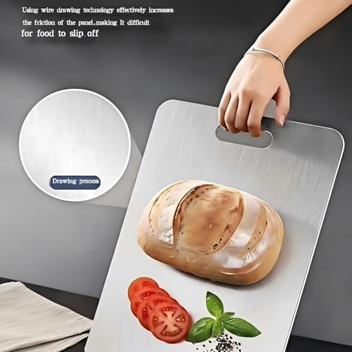 Tablero de corte de acero inoxidable, 3 piezas (pequeño 15×25 cm, mediano 20×29 cm, grande 23×34 cm), rectangular, con mango, apto para lavavajillas, ideal para vegetales, carne y frutas miniatura 7