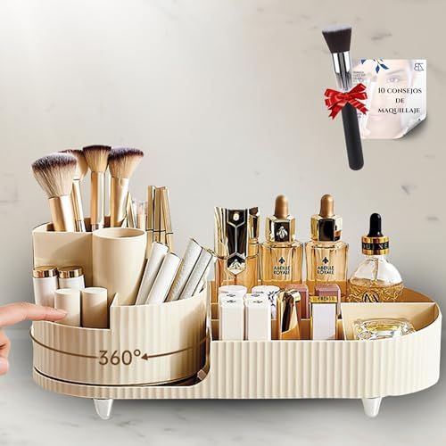 Organizador de Maquillaje Giratorio 360° + Brocha Plana, Organizador Cosméticos, Brochas y Perfumes, Tocador, Baño y Dormitorio Organizador Maquillaje Multifuncional makeup organizer BEMAMZ(Beige)