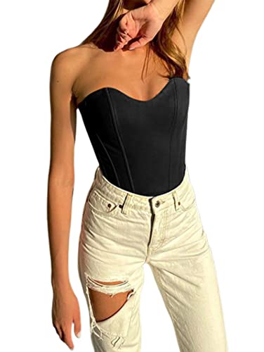 Avanova Women's Sexy Strapless Bustier Corset Asymmetrical Hem Satin Crop Tube Top Black Small #TOP2