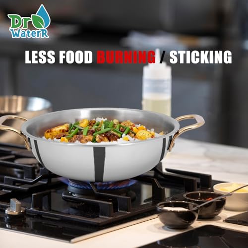 Image of Stainless Steel Triply Cookware Set of 4 Kadai 24cm- 2.4L, Frypan 24cm, Saucepan 18cm & SS Lid with Gold PVD Handle |Gas Stove & Induction Base| 5 Year Warranty - Silver 3.5kg