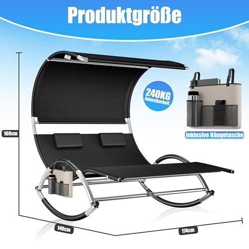 KESSER® Doppel-Sonnenliege Doppelliege mit Sonnendach, Kopfkissen Tasche für 2 Personen, Relaxliege, Gartenliege, Schaukelliege ergonomische Liegefläche, 240 kg Belastung, Seitentasche, Schwarz