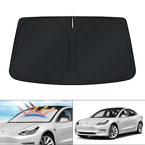 Image of KUST Windshield Sun Shade for 2017-2023 Tesla Model 3 Accessories Sunshade Window Sun Visor Protector Foldable Blocks UV Rays Keep Your Car Cooler(Not for 2024 Model 3)