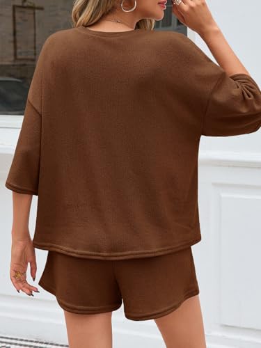 Tankaneo Womens 2 Piece Outfits Sweater Set Lounge Sets 3/4 Sleeve Oversized Tops and Elastic Waist Shorts Pajama Sets3