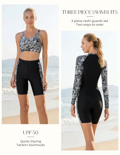 Image of JACK SMITH Women's 3 Piece Long Sleeve Rash Guard Swimsuits Zip Front Bathing Suit Tankini Swimsuits UPF 50