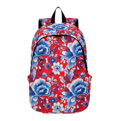 MCHIVER Travel Backpack Blue Red Florals Casual Daypack Backpacks Lightweight Carry on Bag Water Resistant Hiking Backpack for Women and Men