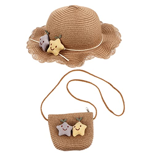 BESPORTBLE Summer Breathable Straw Sun Hat with Wide Brim and Adorable Straw Shoulder Bag for Childrens Beach Sun Protection in Khaki Lightweight and Comfortable