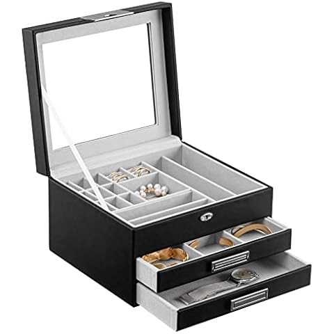 Oyydecor Jewelry Box with Clear Lid, 3-Layer Jewelry Organizer with 2 Drawers PU Leather Display Storage Case Necklace Ring Earring Storage Case Gifts for Women Cover