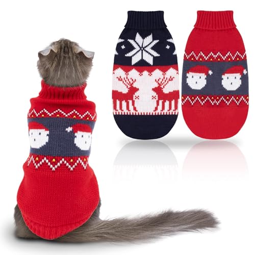 RANYPET 2 Packs Kat Kerst Jumpers, Kerst Puppy Gebreide Trui Trui Huisdier Coltrui Gebreide Kleding Met Rendier Kerstman Patroon Truien Voor Kitten en Kleine Honden XS