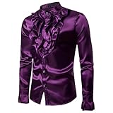 chaketas para hombres Men's Silk Satin Button Down Long Sleeve Disco Shirts Ruffled 70s Collared Paisley Tops for Party/Prom/Nightclub