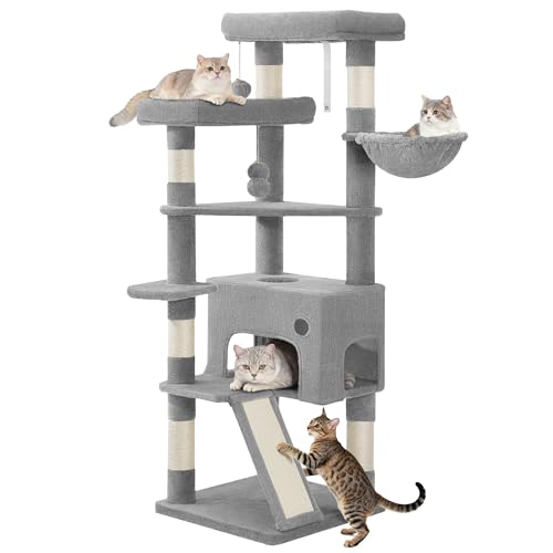Hzuaneri Árbol para Gatos, 153 cm con 6 Postes Rascadores, 1 Casa para Gatos, 3 Plataformas Grandes, Cesta, Bolas de Peluche, Poste Rascador, Gris Claro MS15418LG