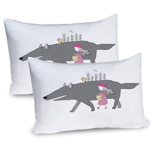 Ambesonne Fantasy Pillow Sham Set of 2, Girl in a Pink Dress Walking with a Giant Wolf Fir Forest and a Small House, Quality Microfiber Bedding Item for All Seasons, 30