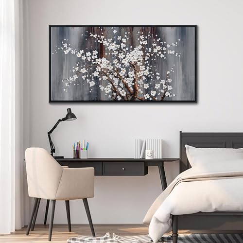 Image of Wall Art for Living Room Large Modern Wall Decor Canvas Paintings for Wall Decorations White Flower Brown Bedroom Office Artwork Plum Blossom Art Prints Framed 20x40IN
