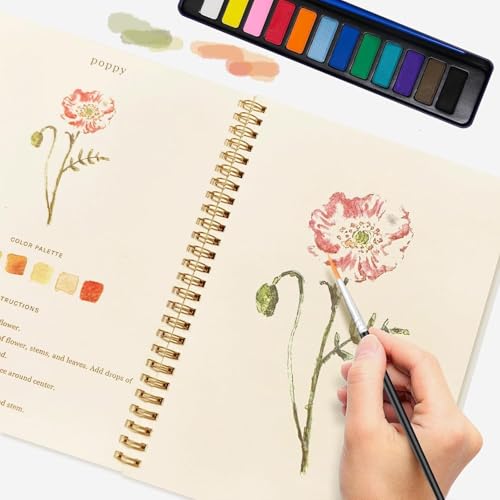 Image of Watercolor Workbook, Water Coloring Book, 12 Different Patterns of Original DIY Designs, 12 Colors Watercolor Paint Set with Palette and Brush, Beginner-Friendly Watercolor Workbooks(Flower-A)
