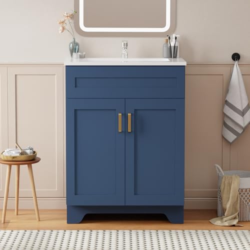 LDarqeer Meuble Vasque Salle De Bain 60 cm, Meuble Lave Main WC, Meuble sous Vasque Shaker, 2 Portes, Vasque en Céramique, Finition Bleu avec Poignées Métal...