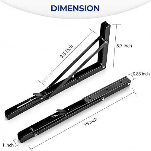 Image of Foldable Shelf Bracket 16 Inch Heavy Duty, Folding Table Bracket Wall Mounted Support for Fold Down Table, Workbench, Kitchen Counter, Study Desk & Space Saving Shelf, Black Metal Bracket Pack of 2