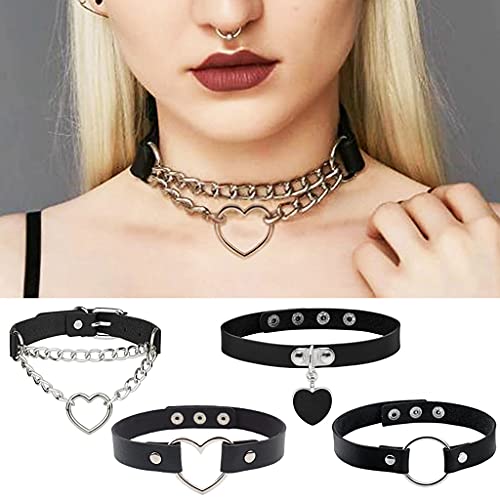 Conruich 4 Stück Leder Choker Damen Herz Anhänger Choker Einstellbar PU Leder Halskette Set Metall Ring Halsband Schwarz Punk Rock Gothic Halsband Kragen mit Kreis Herz für Frauen Zubehör