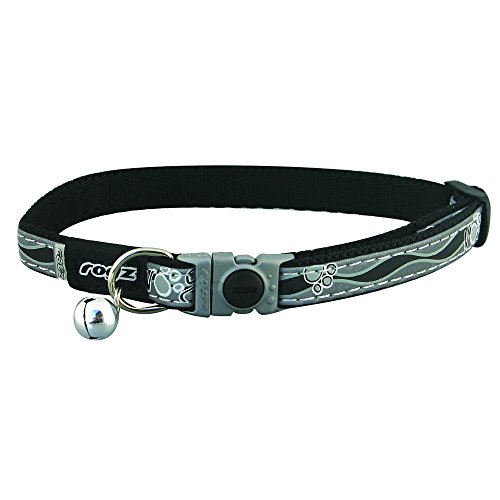 Rogz Reflective Cat Collar with Breakaway Clip and Removable Bell, fully adjustable to fit most breeds, Black Paw Design