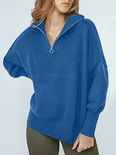 Image of ANRABESS Womens Oversized Quarter Zip Pullover Sweaters | Fall Fashion Outfits, Long Sleeve Slit Side, Baggy Loose Fit, 1 /4 Zip Lapel Collared, Ribbed Knit Soft Warm Winter Clothing
