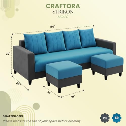 Image of Strikon Plush 6 Seater L Shape Sofa Set with 2 Movable Ottoman | Flexible Layout |Silken Velvet Suede | Designer Sofa for Living Rooms & Office Spaces (Dark Grey & Aqua Blue)