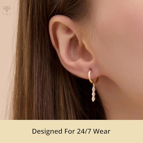 10K Yellow Gold Huggie Earrings with CZ Dangles | Cubic Zirconia Real Gold Huggie Hoop Earrings | Hypoallergenic Anti-Tarnishing Solid Gold Earrings 12mm by MAX + STONE4