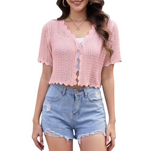 Image of Womens Lightweight Short Sleeve Cardigan Trendy Knit Hollowed-Out Y2k Cropped Tie-Front Shrugs for Dresses Pants Shorts