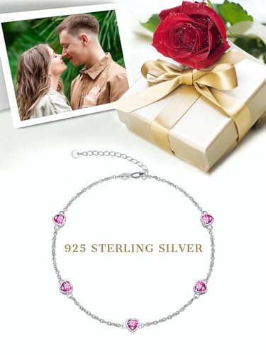 Image of Dorunmo Heart Birthstone Bracelets 925 Sterling Silver Round Birthstone Anklet for Women Birthday Jewelry Gifts for Girlfriend Wife Mother Her