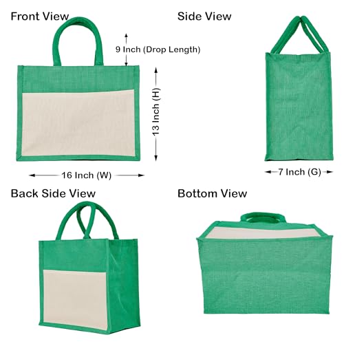 Pack of 4 Green Juco Tote Bags – Eco-Friendly Reusable Burlap Bags with Strong Handles for Travel, Groceries, Weddings & More – 13" x 16" x 7"2