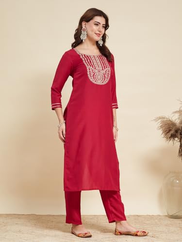 Image of MOKOSH Women's Silk Embroidery Kurta Pant with Dupatta | Kurta Set | Round Neck 3 /4 Sleeve | 3 Piece Outfit | Indian Kurta Outfit With Pant