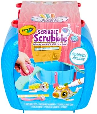 Crayola Scribble Scrubbie Ocean Playset for Kids Color, Wash & Reuse Cute Sea Animal Toys with Tub, Scrub Brush, 3 Washable Markers, and Beach Environment Storage, Creative Gift for Girls & Boys