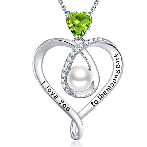 Christmas Birthday Gifts for Wife Peridot Necklace Mom I Love You to the Moon and Back Sterling Silver Pearl Jewelry Women