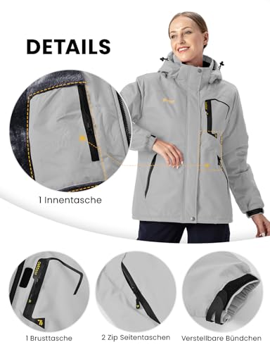 donhobo Damen Softshelljacke Winddicht Wasserabweisende Outdoorjacke Winter Warme Gefüttert Skijacke Wanderjacke mit Kapuze (Hellgrau, XXL)