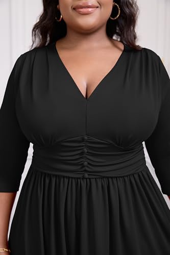 Image of Runwind Plus Size Maxi Dress 3 /4 Sleeve V-Neck Pleated Faux Buttons Pockets